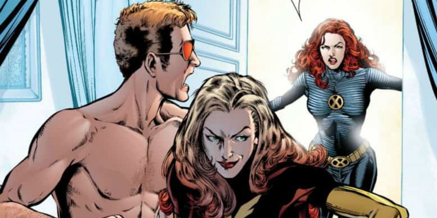 Jean Grey walks in on Emma Frost and Cyclops in Marvel Comics.