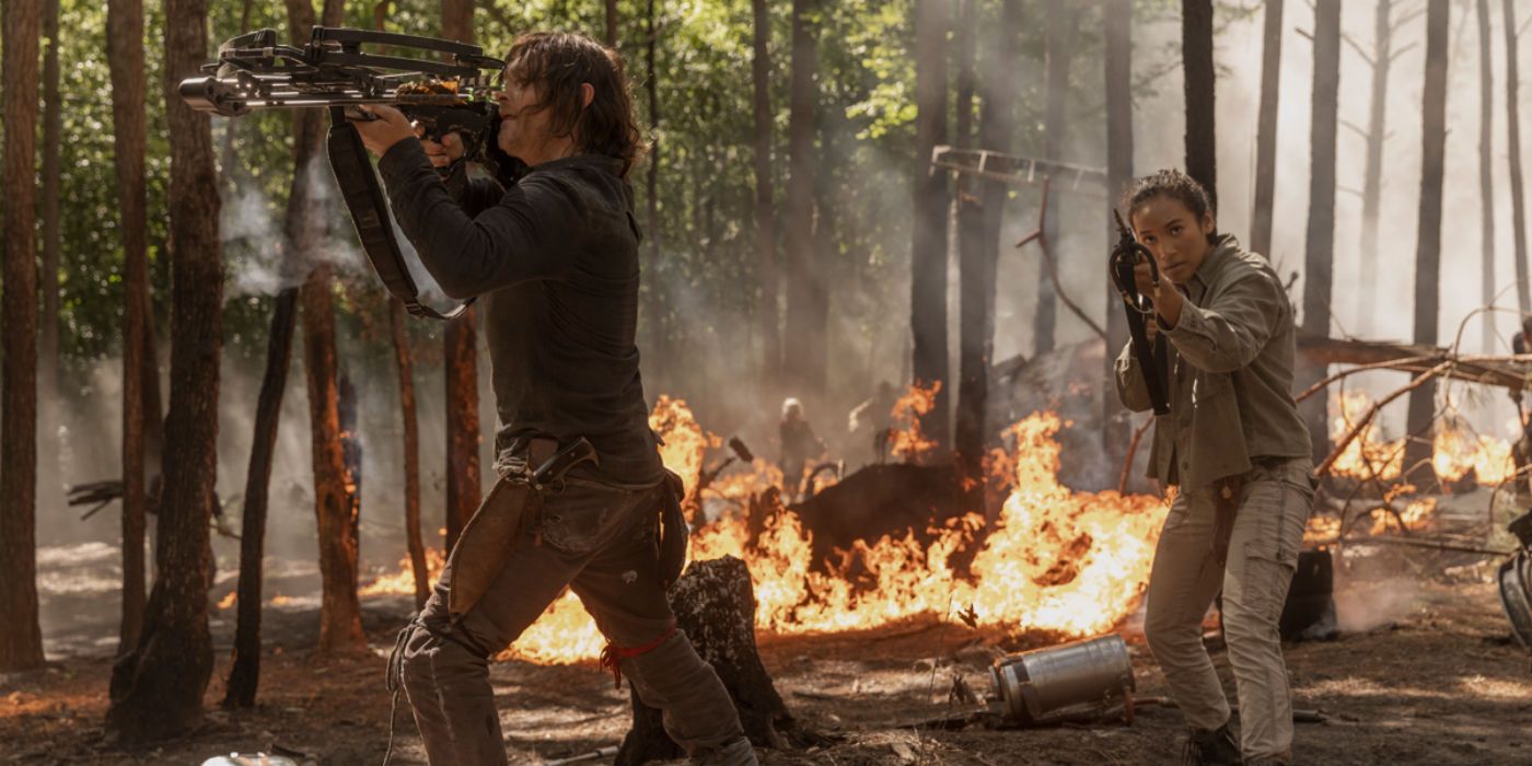 Daryl with crossbow in forest fire on The Walking Dead season 10 premiere