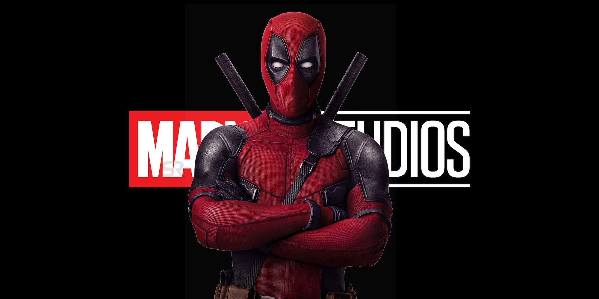 Superimposed image of Deadpool standing in front of the Marvel Studios logo.