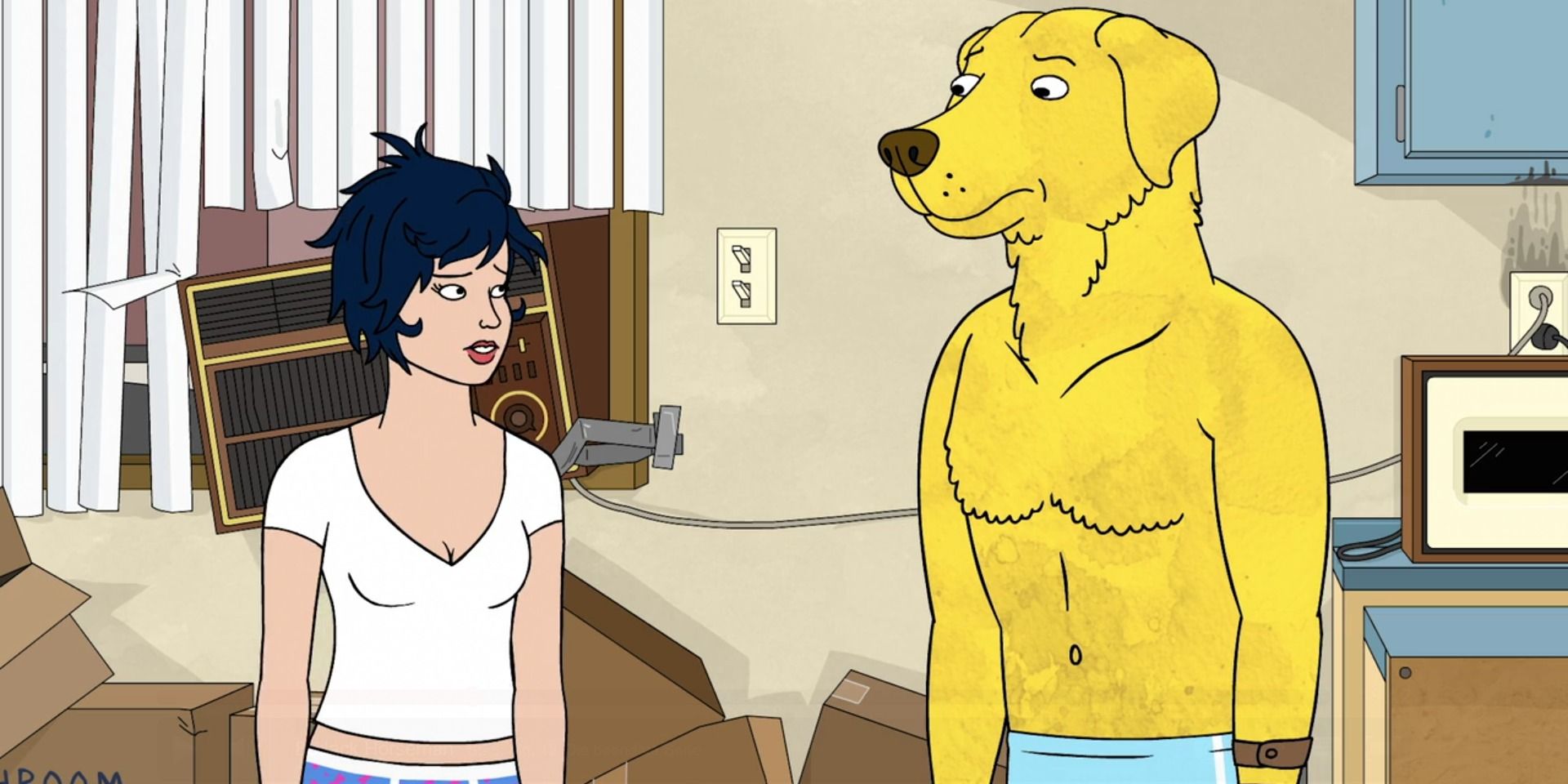 Diane and Mr. Peanutbutter looking disshevled in BoJack Horseman