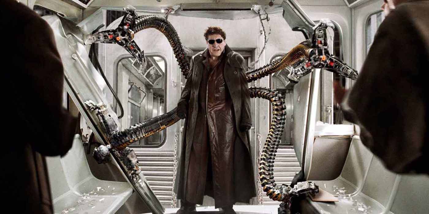 Doctor Octopus attacking Spider-Man on the train.