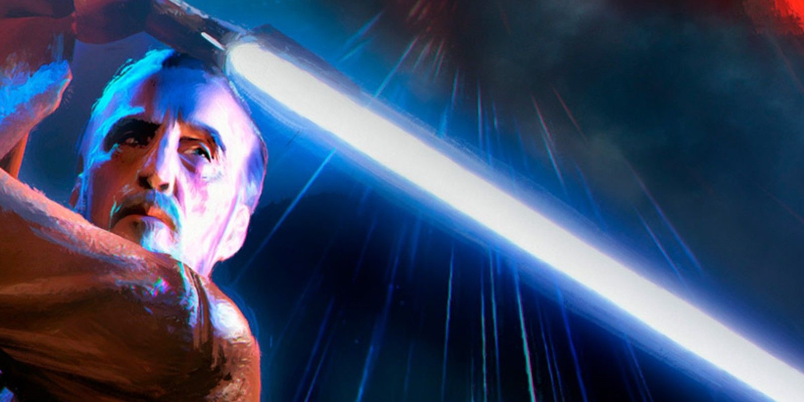 Comte Dooku avec un sabre laser bleu sur le roman Jedi Lost Star Wars