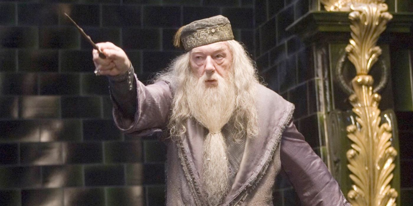 Dumbledore raising his wand in Harry Potter and the Order of the Phoenix.
