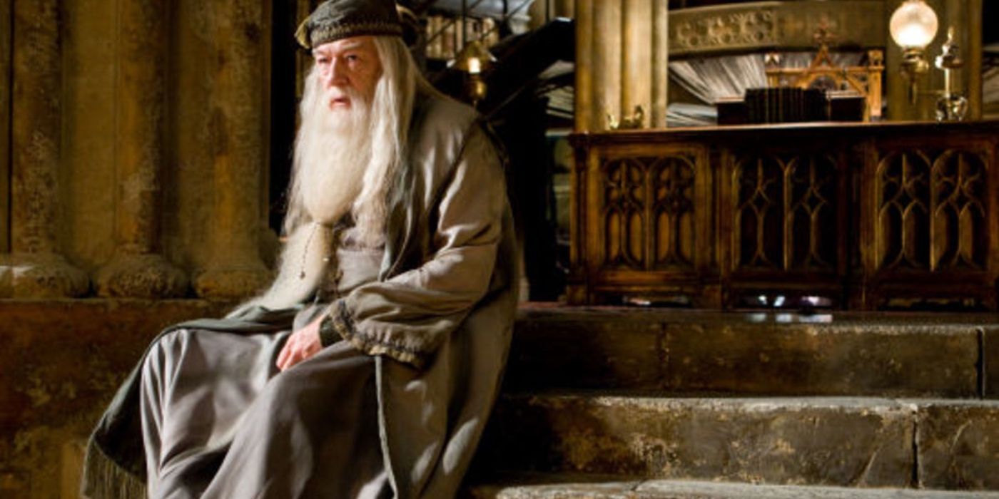Dumbledore sitting on the steps of his office