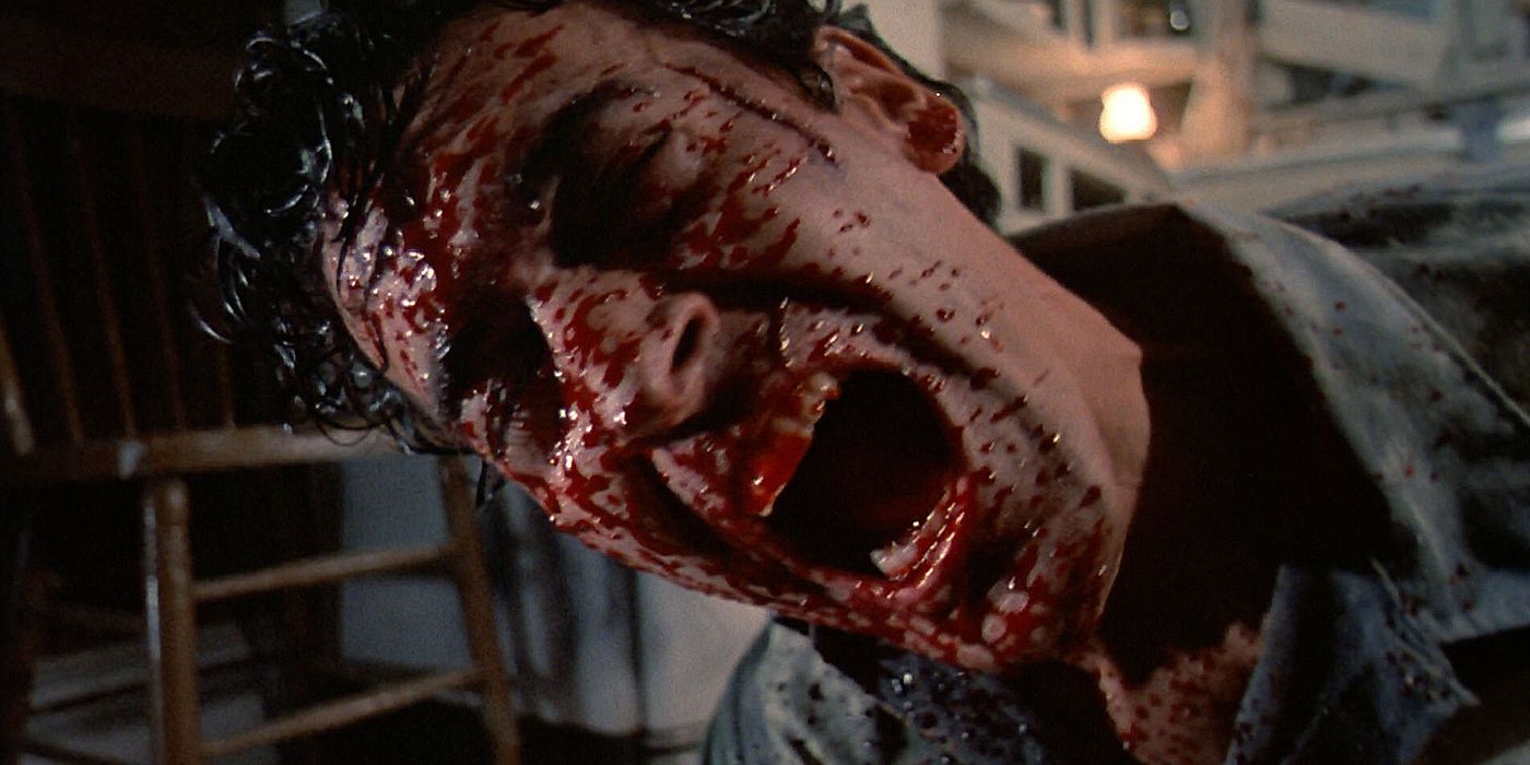 Ash's face covered in blood in The Evil Dead