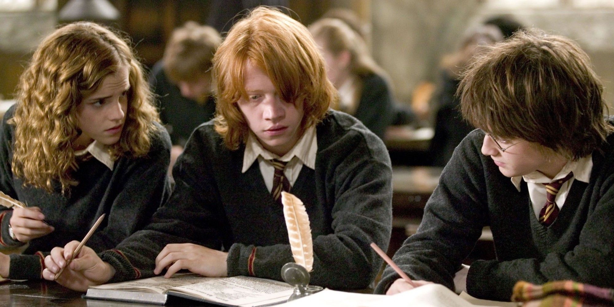 Emma Watson as Hermione, Rupert Grint as Ron, and Daniel Radcliffe as Harry, History of Magic