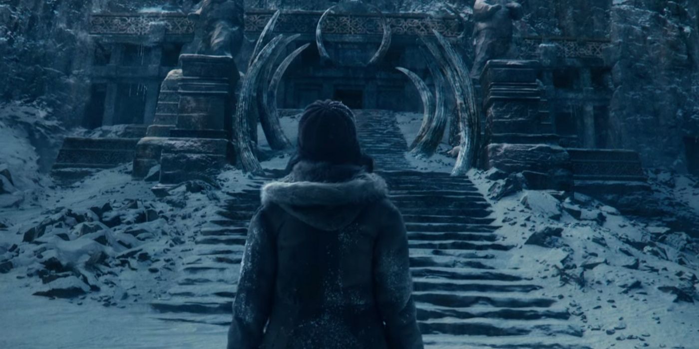 Lyra parada na neve em His Dark Materials