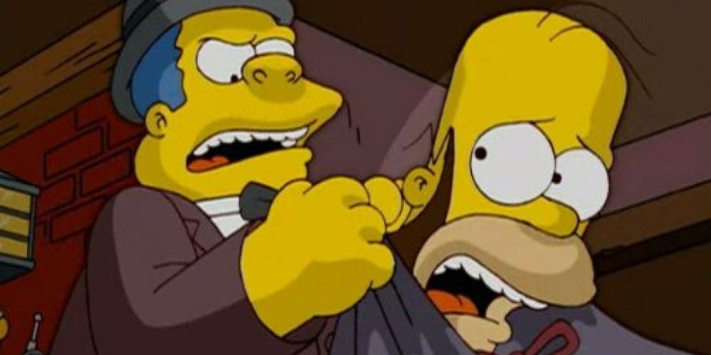 The Simpsons Chief Wiggum and Homer fighting in Treehouse XV
