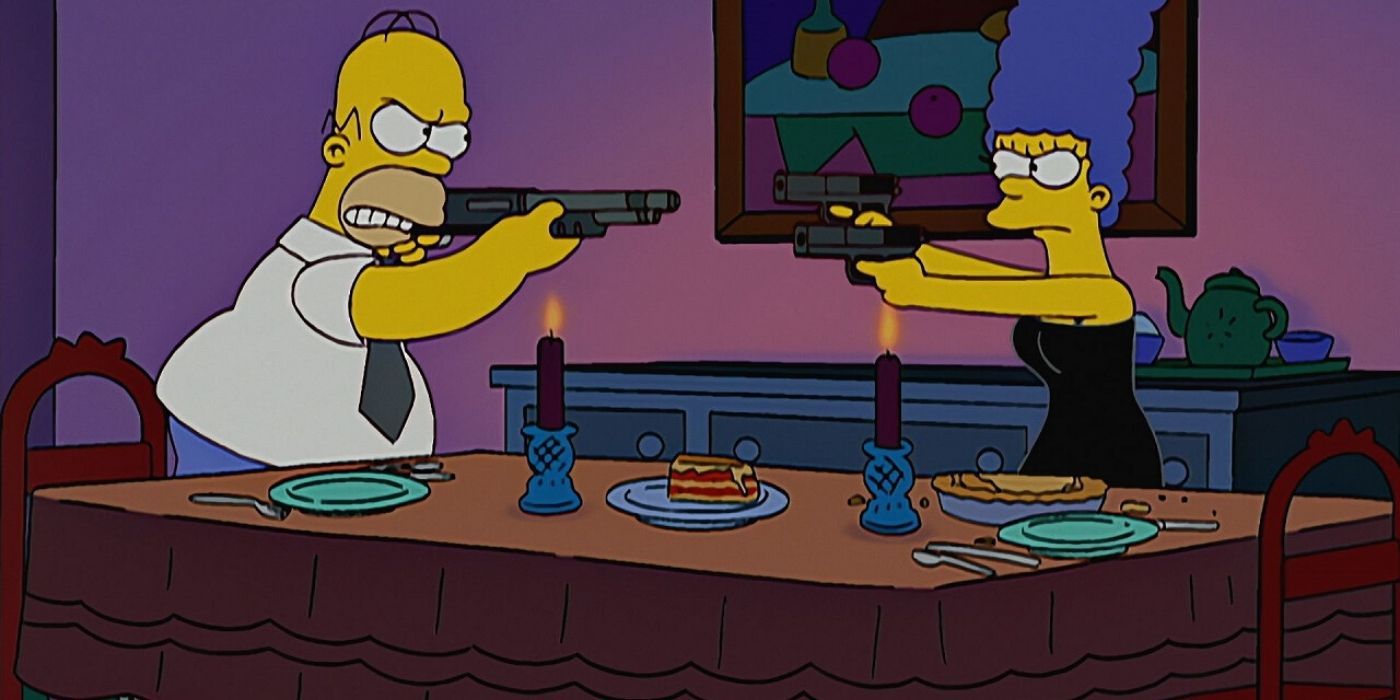 Homer and Marge aiming guns at each other in The Simpsons
