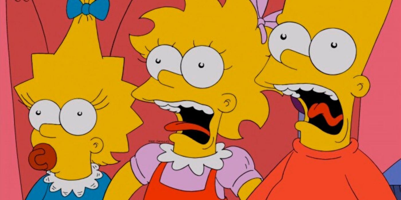 Lisa and Bart scream while Maggie looks on in The Simpsons