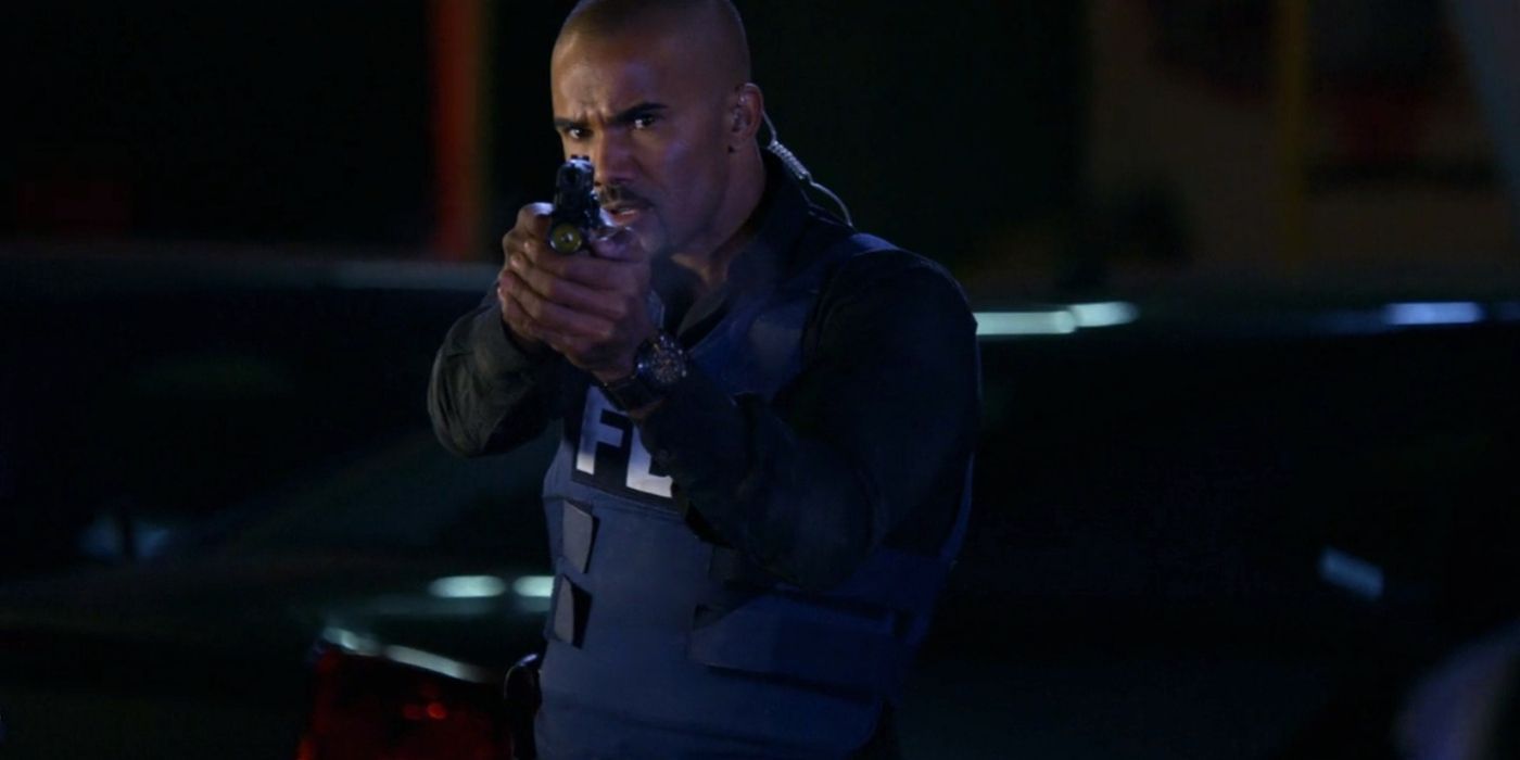 Derek Morgan aiming a gun in Criminal Minds.