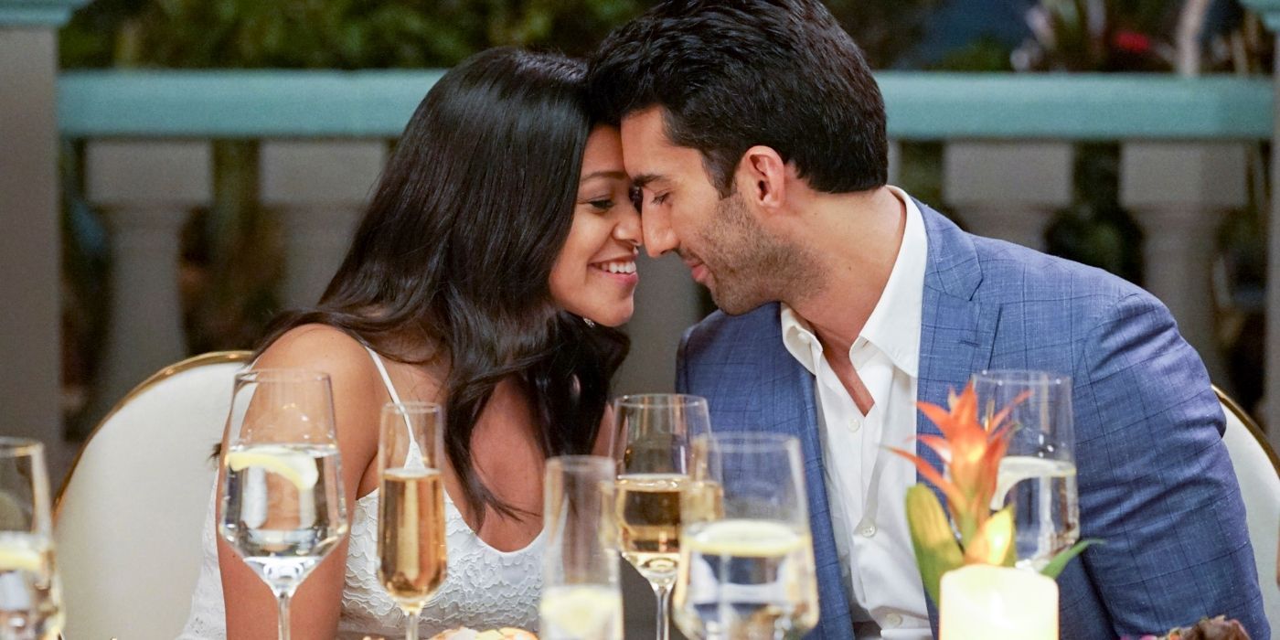 Jane and Rafel are touching foreheads in Jane the Virgin.