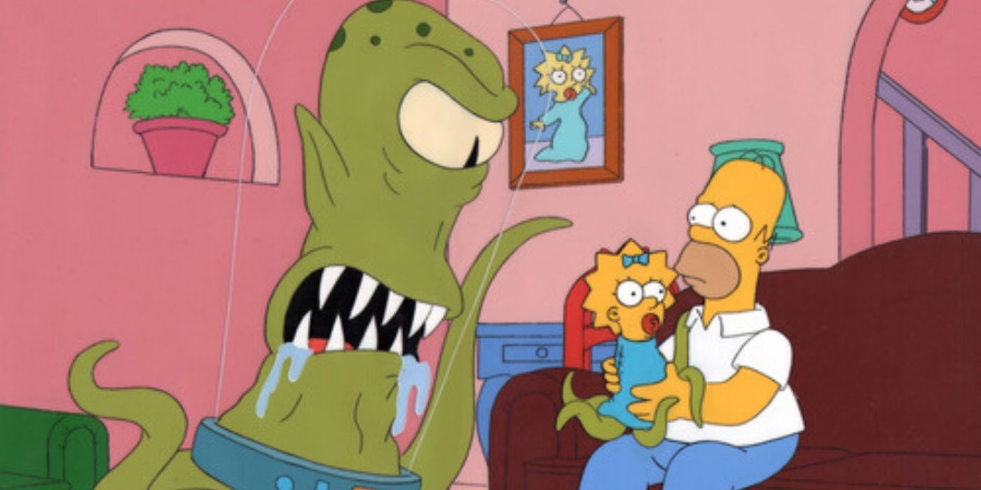 Maggie and Homer With Alien in The Simpsons Treehouse of Horror IX