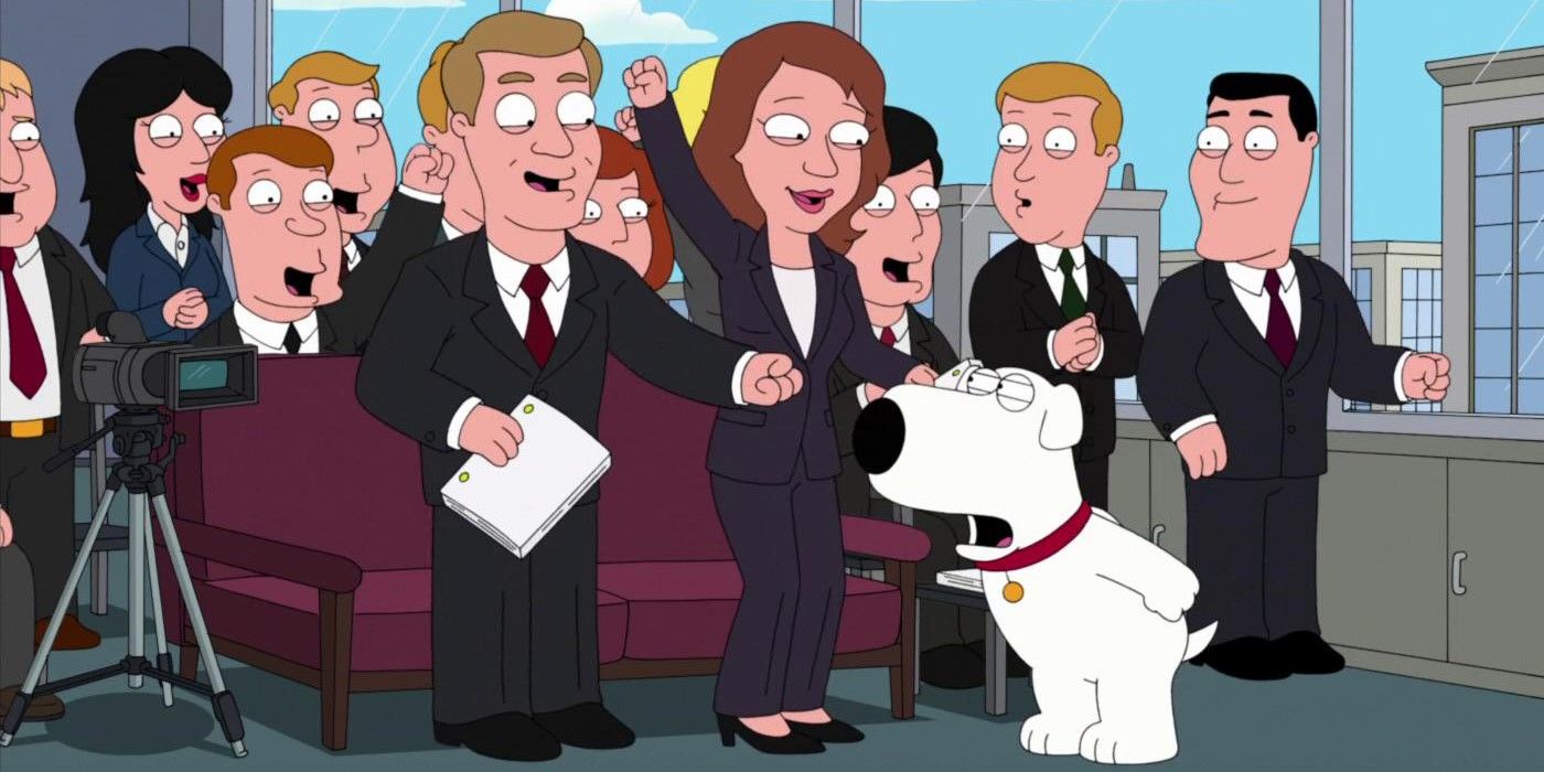 Brian barks at business men in Family Guy