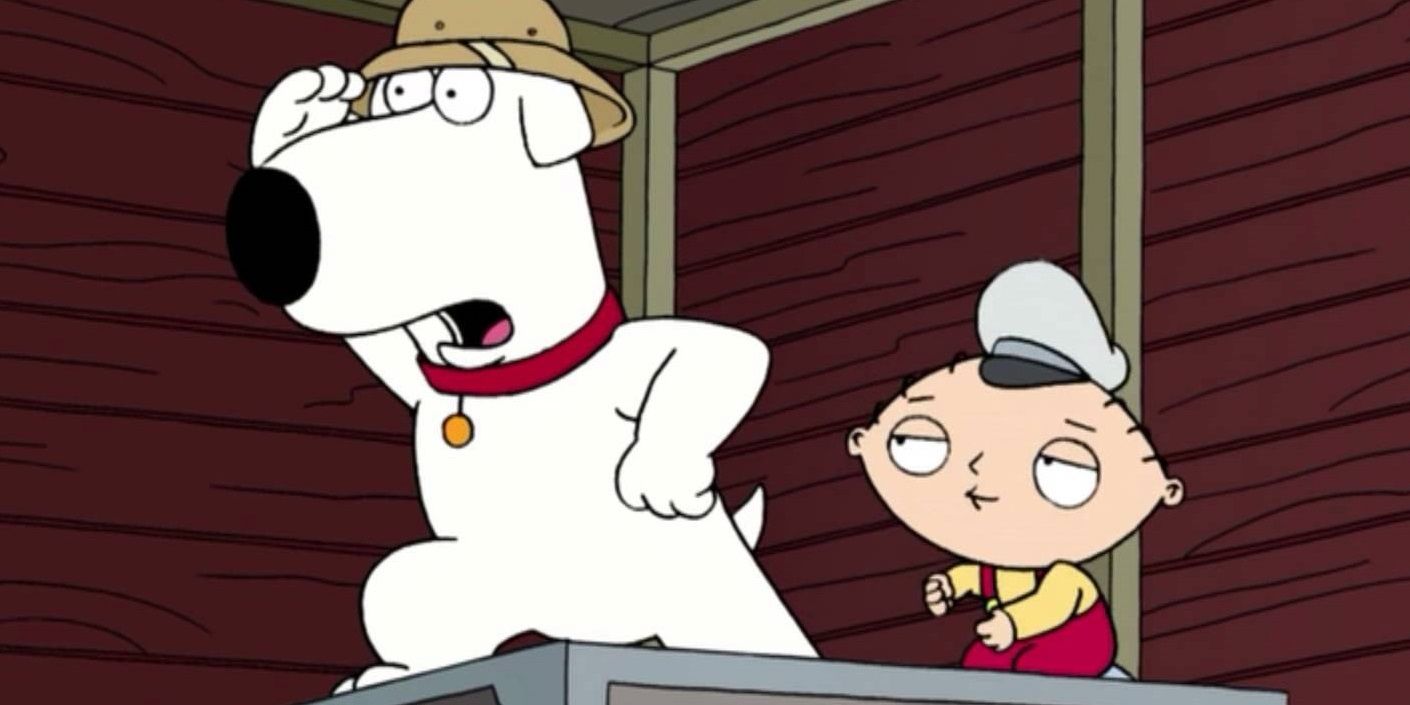 Brian and Stewie singing in a train cart
