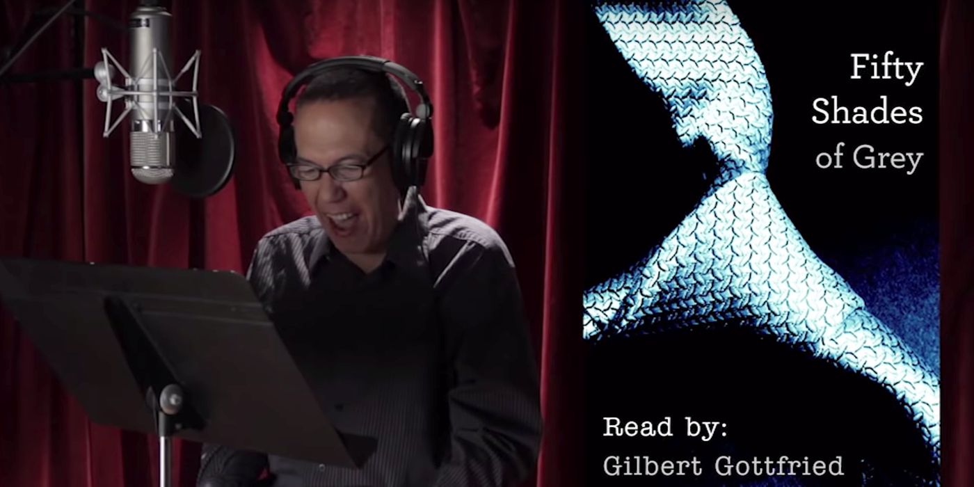 Split image showing Gilbert Gottfried and the cover of Fifty Shades of Grey.