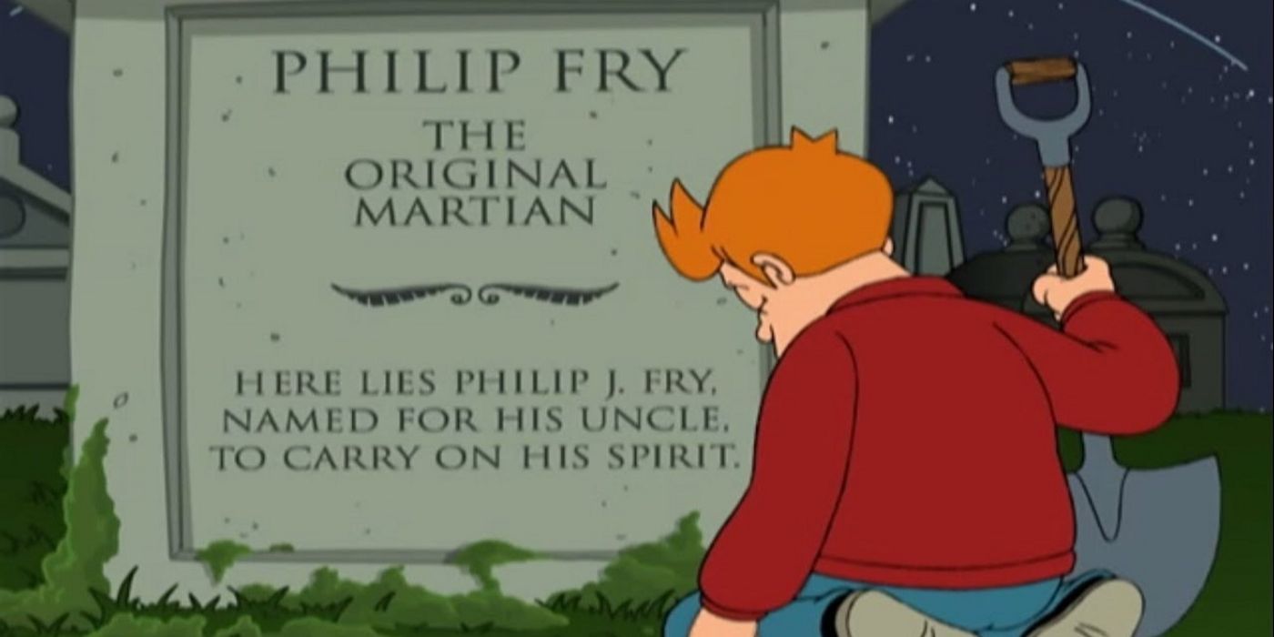 Fry at his nephew's grave in Futurama