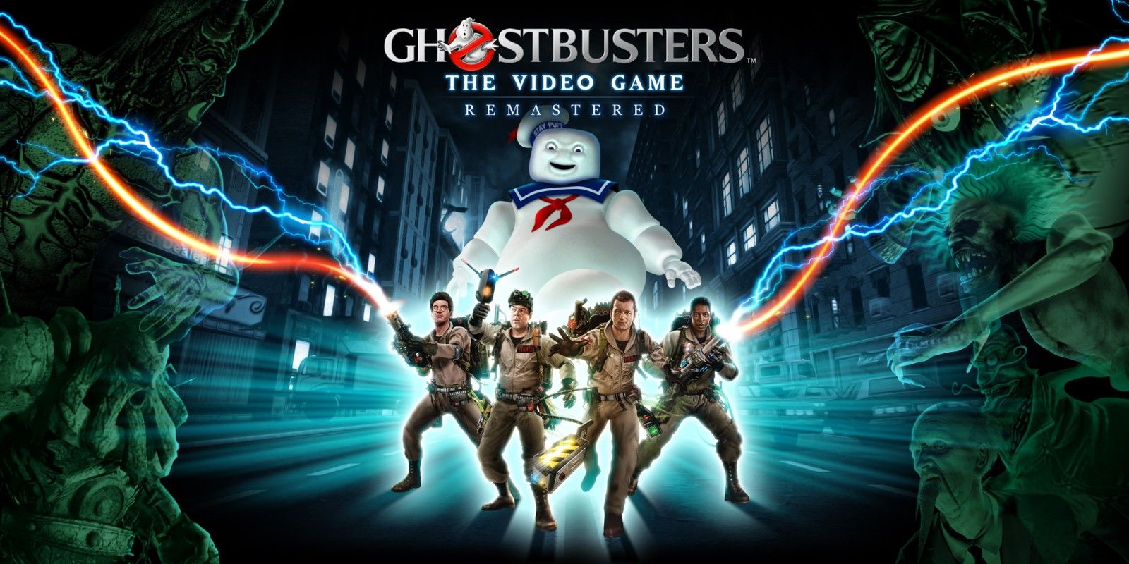 Ghostbusters The Video Game Remastered Title Banner - the four Ghostbusters standing in front of the Stay Puft Marshmallow Man