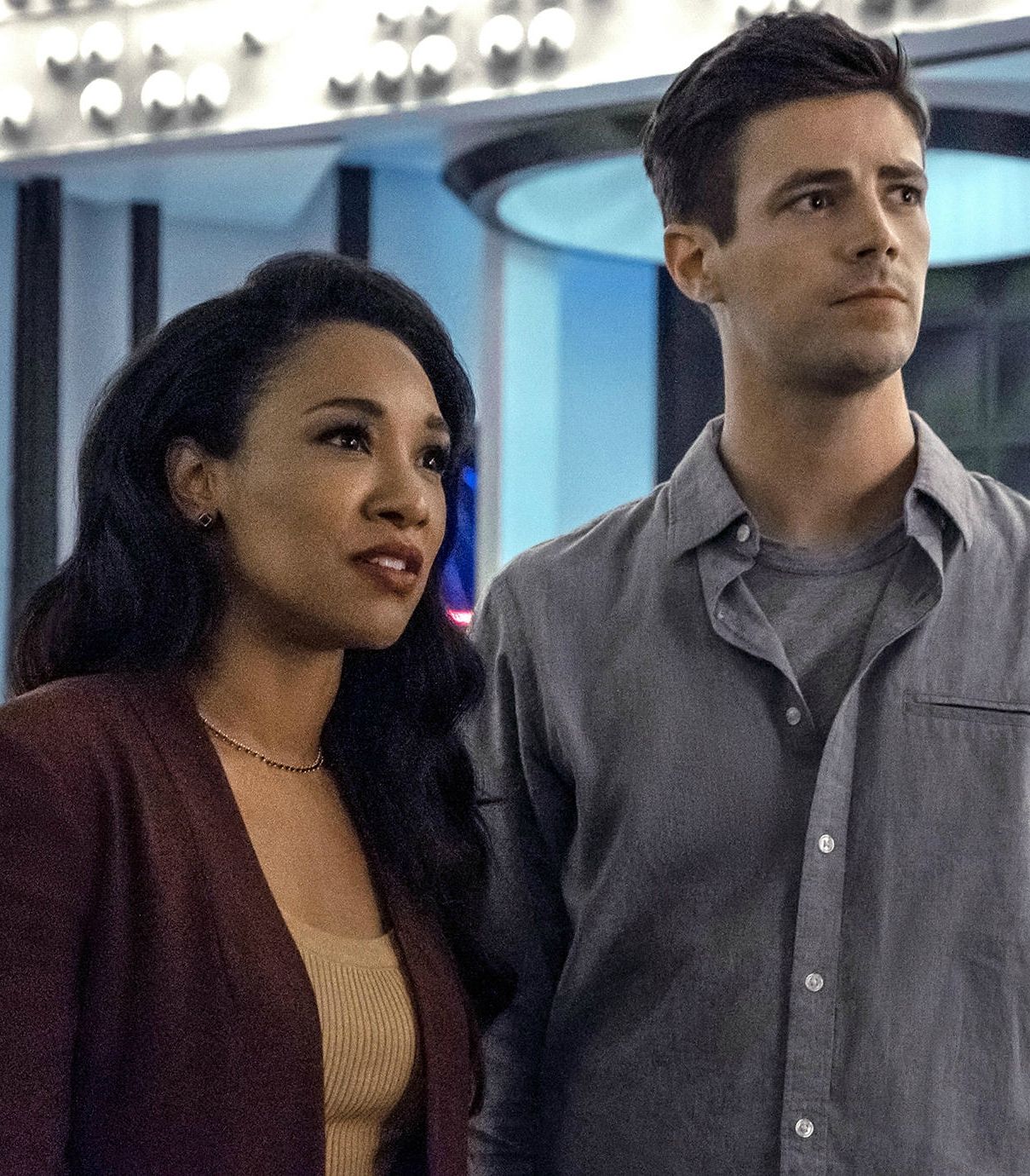 Grant Gustin as Barry Allen and Candice Patton as Iris West Allen in The Flash Vertical