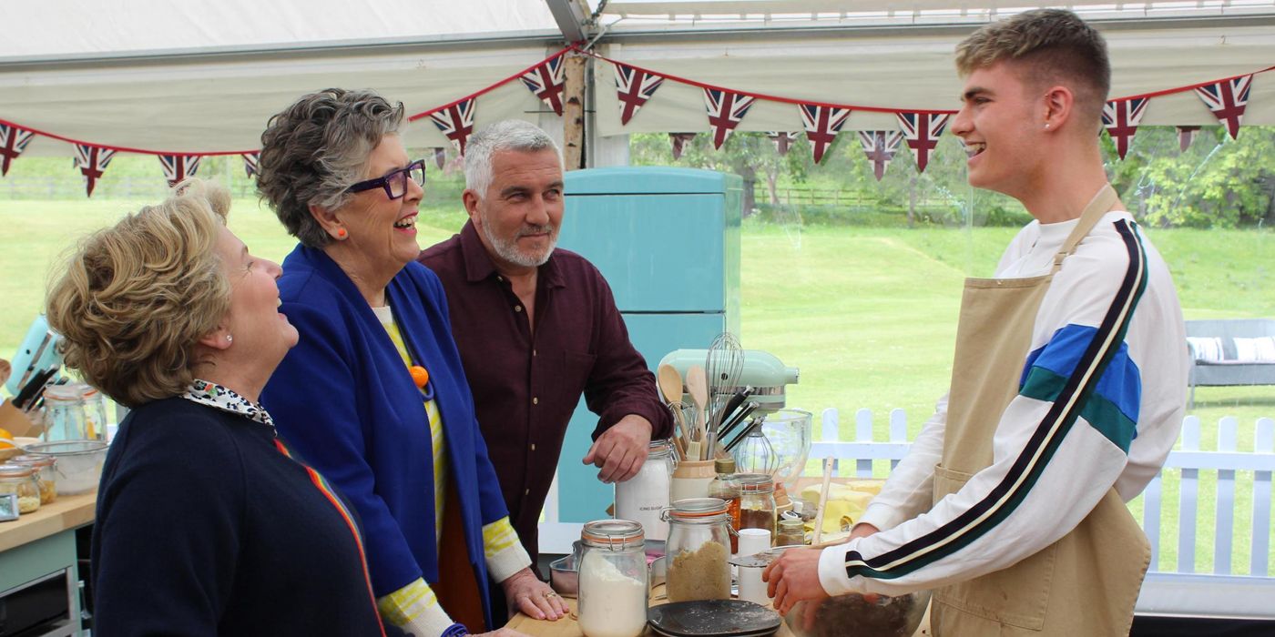 Great British Baking Show Jamie e anfitriões e juízes