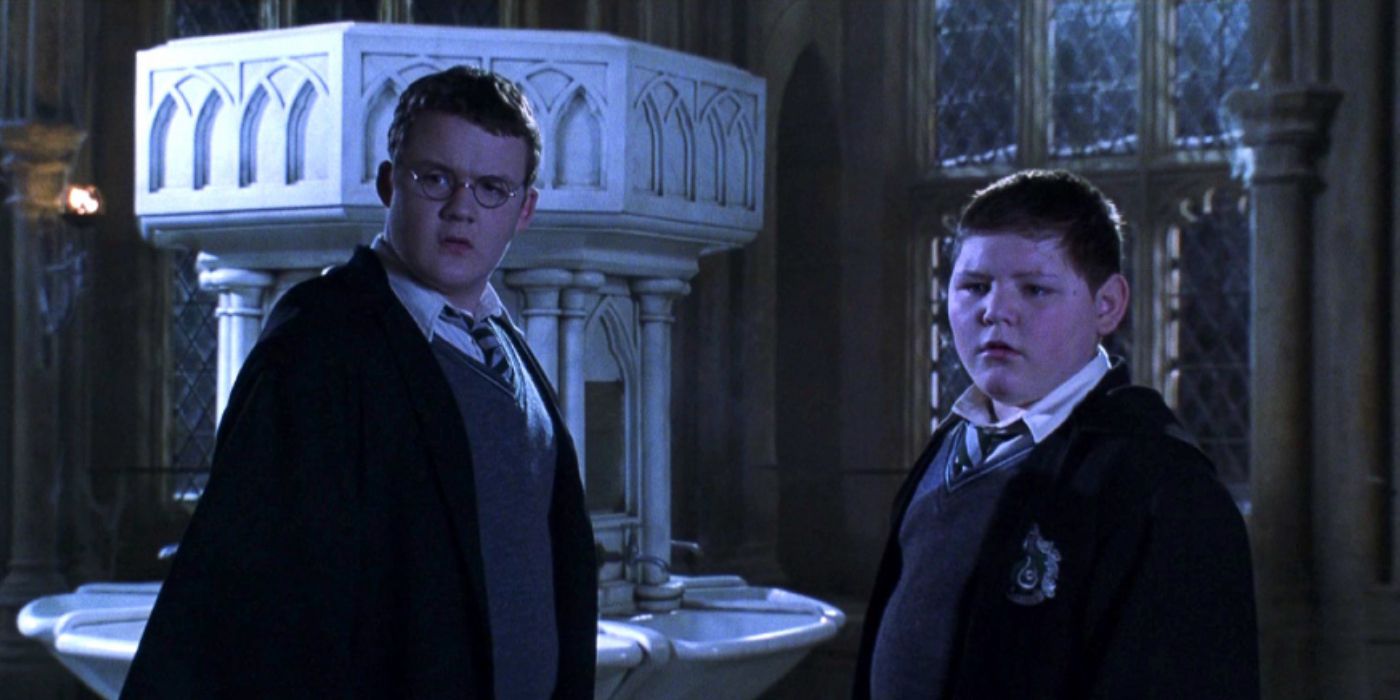 Harry and Ron disguised as Crabbe and Goyle after drinking Polyjuice Potion in the girls bathroom in Harry Potter and the Chamber of Secrets