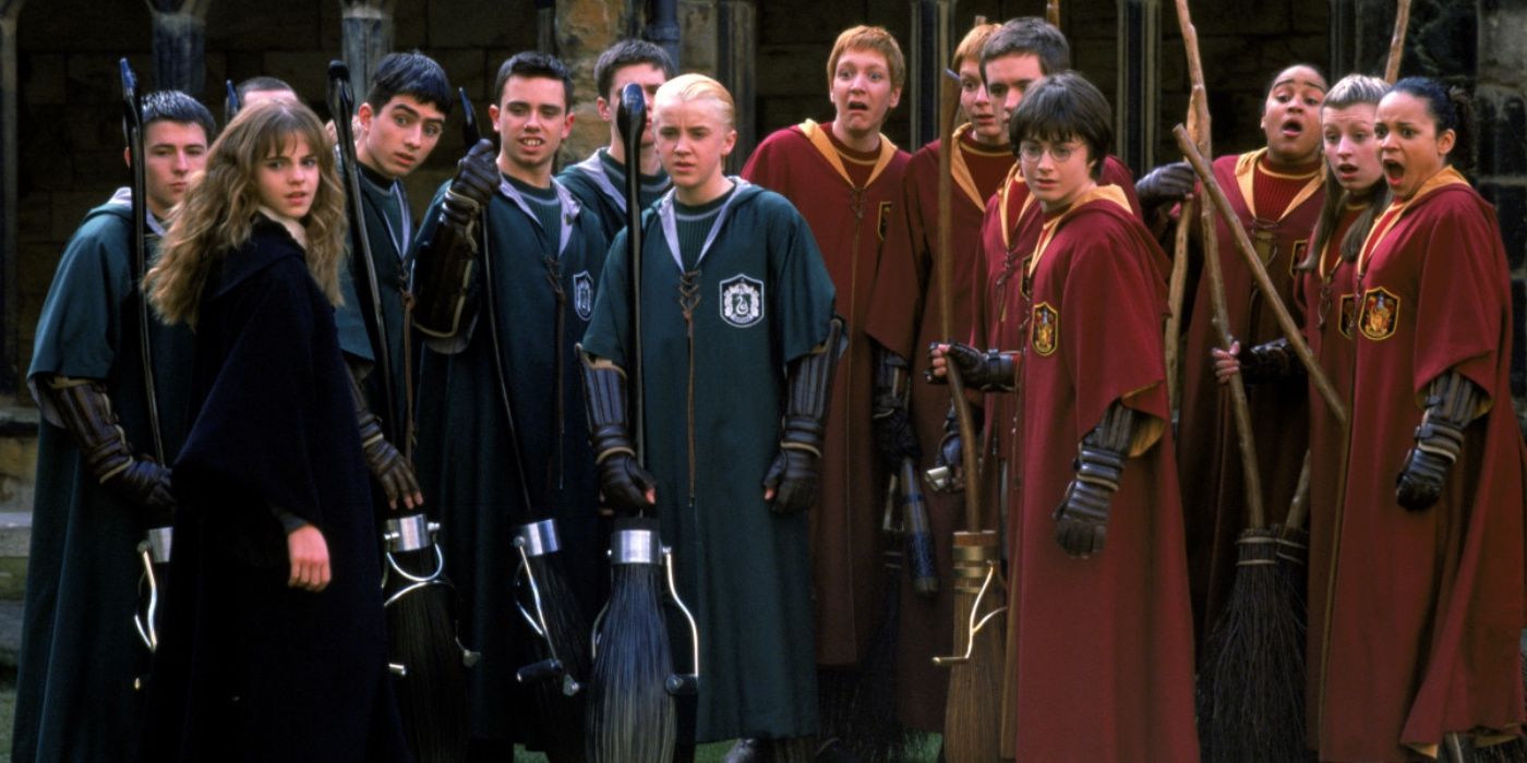 The Gryffindor and Slytherin Quidditch teams standing together