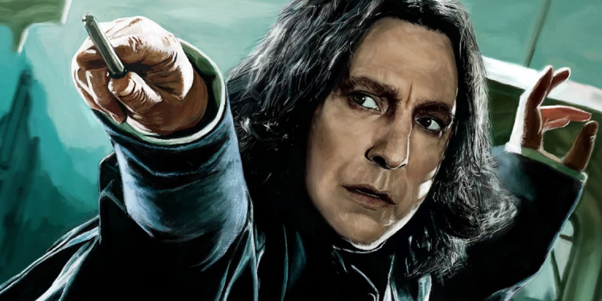 Severus Snape casting a spell in a Harry Potter promotional image.