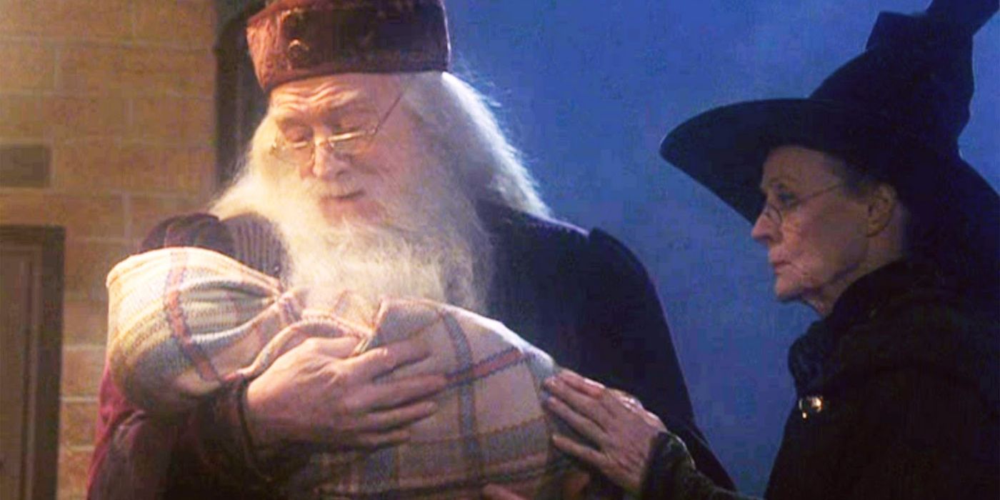 Dumbledore and Minerva hold an infant Harry Potter