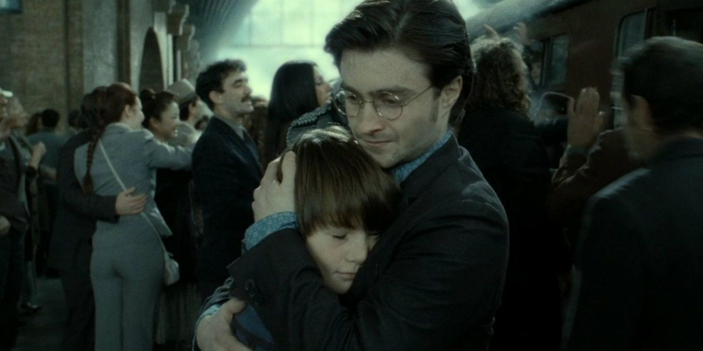 Harry hugs Albus Potter in Harry Potter and the Deathly Hallows