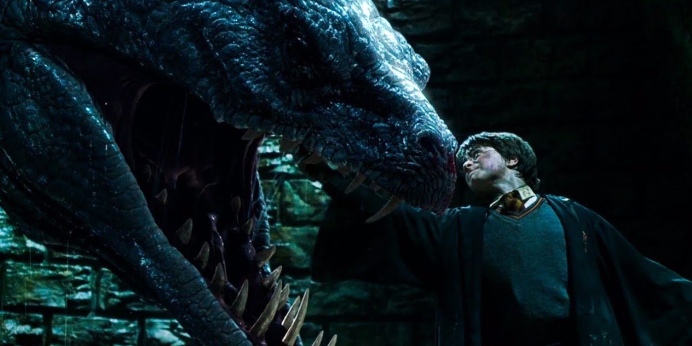 Harry faces off against the Basilisk in the Chamber of Secrets