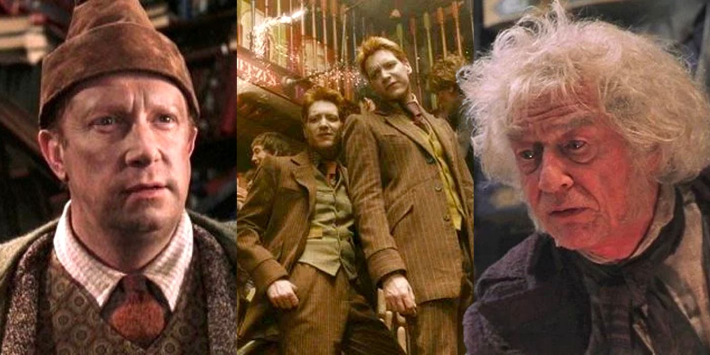 Harry Potter characters Arthur, Fred, George, and Ollivander as they appear during Diagon Alley visits