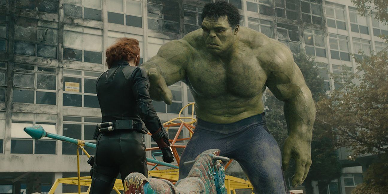 Black Widow talks to Hulk in the wreckage of Sokovia in Avengers: Age of Ultron
