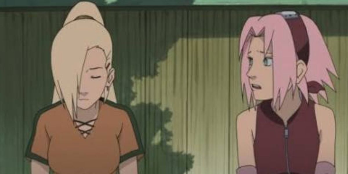 Ino and Sakura sit together during their Chunin Exams team up in Naruto