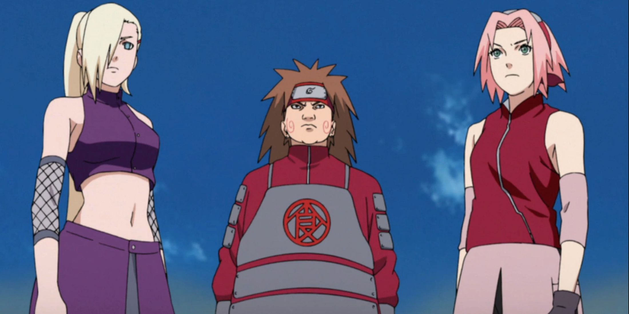 Ino, Choji, and Sakura stand together in Naruto Shippuden