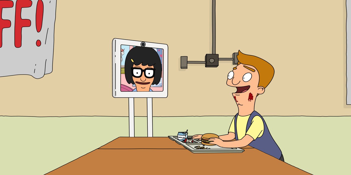 Jimmy taks to Tina through a monitor in Bob's Burgers