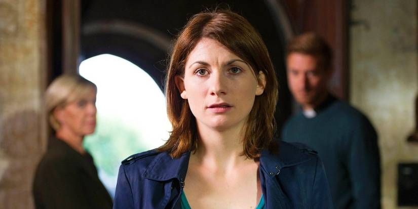 Jodie Whittaker as Beth at the church in Broadchurch