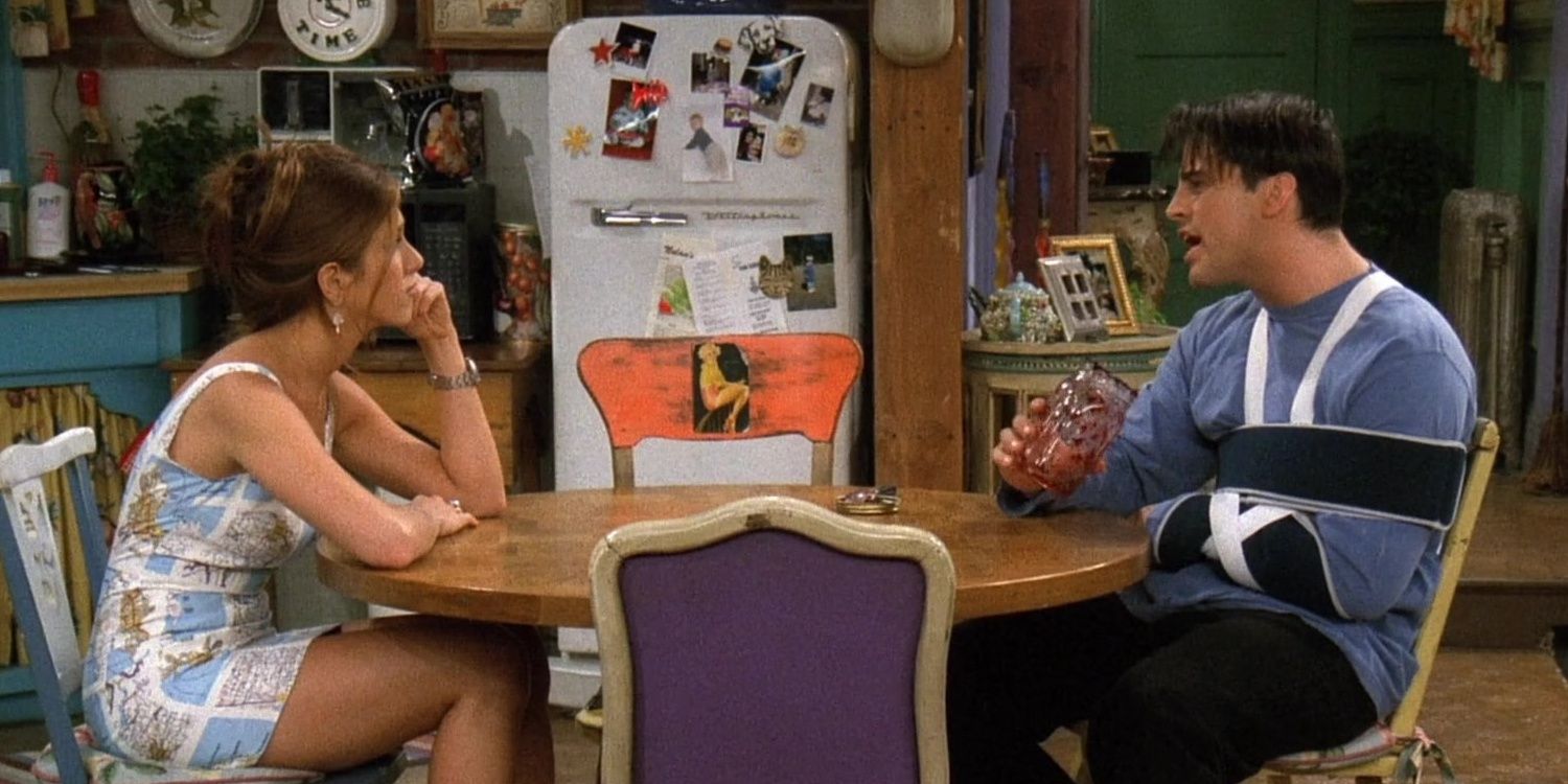 Joey eats a jar of jam while talking to Rachel in Friends