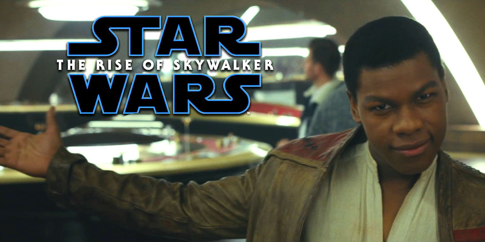 John Boyega as Finn in Star Wars Last Jedi Canto Bight Rise of Skywalker logo