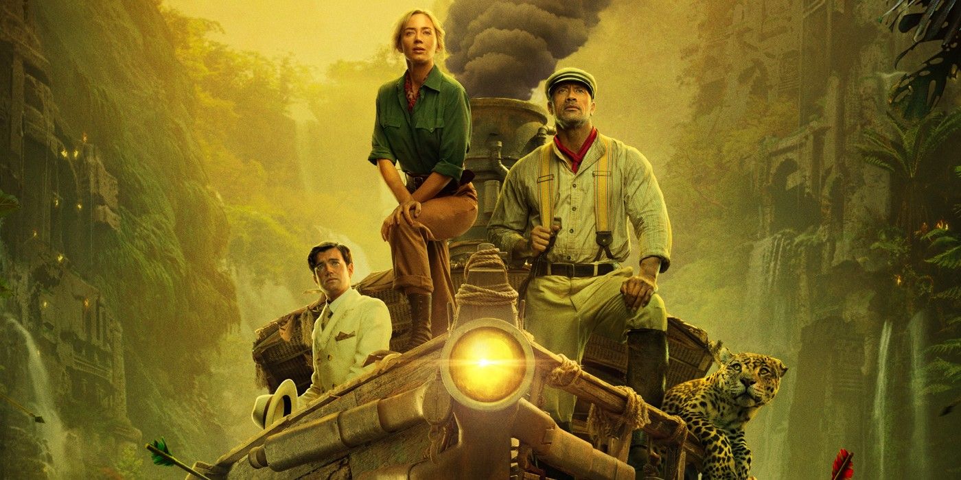 Affiche 2020 du film Jungle Cruise mettant en vedette les personnages principaux sur un bateau
