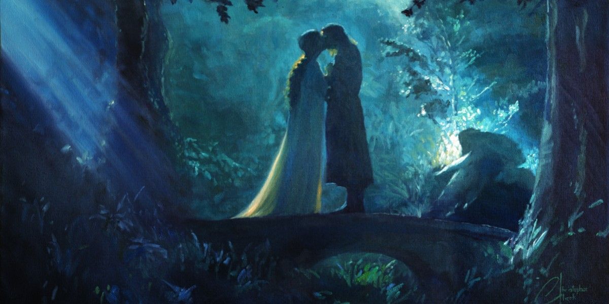 Aragorn and Arwen kissing in Rivendell in The Lord of the Rings