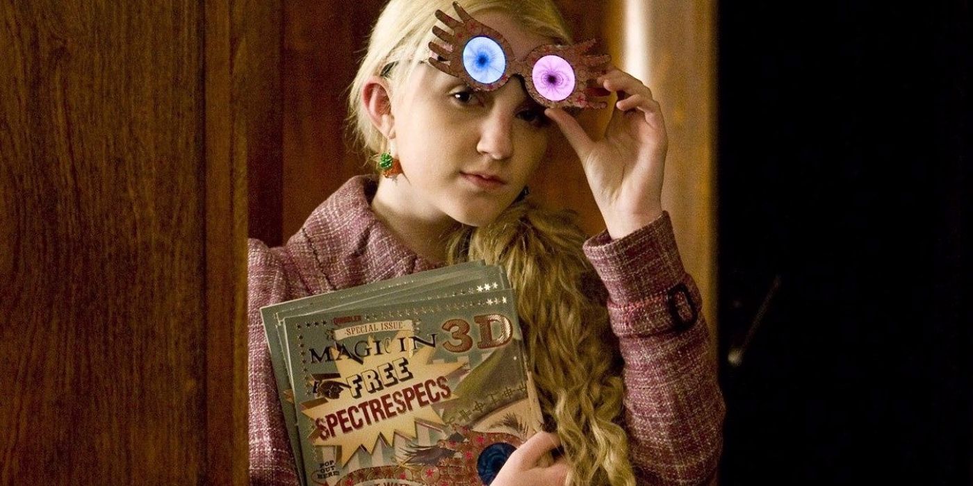 Luna Lovegood with her glasses on and a magazine in her hands in Harry Potter