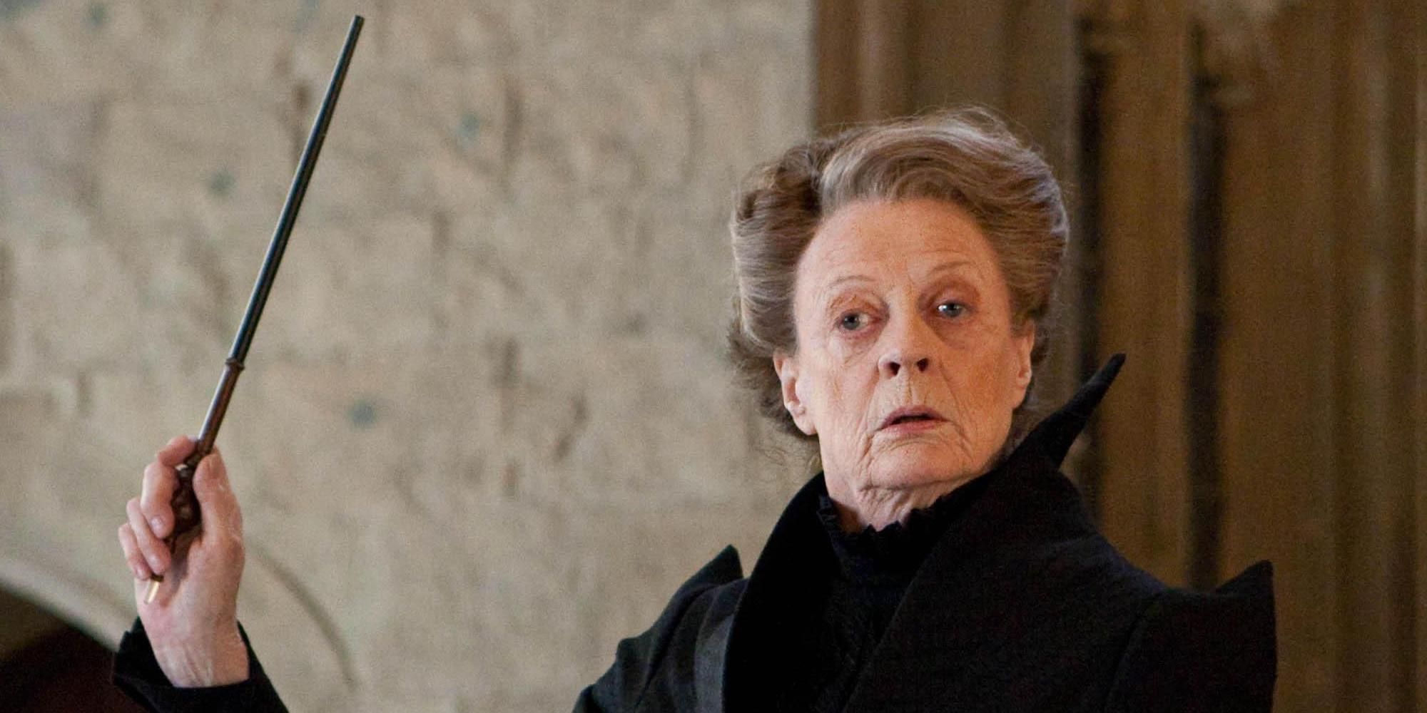 Professor McGonagall holding a wand in Harry Potter