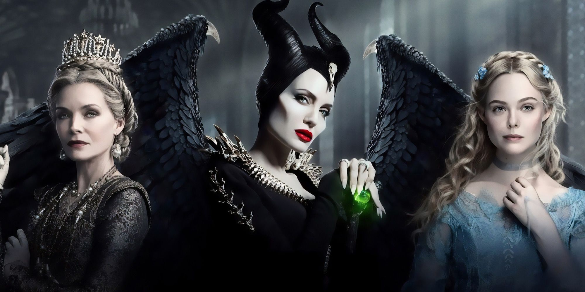 Queen Ingrith, Maleficent, and Aurora in a promotional image for Maleficent Mistress of Evil