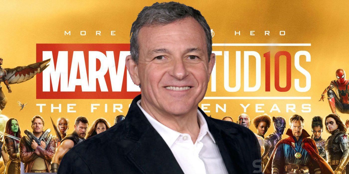 An image featuring Bob Iger with a Marvel Studios banner as background