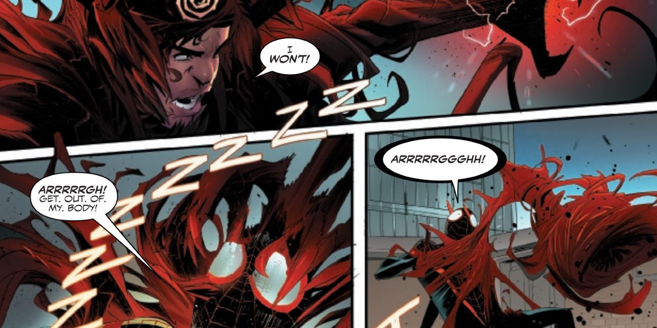 Carnage fights Miles Morales in the comics