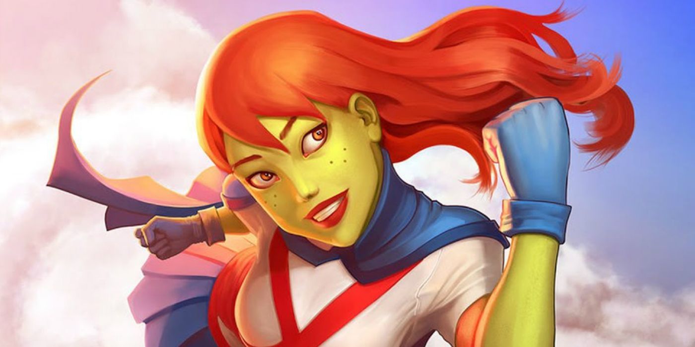 Miss Martian smiling and playing with her hair in the comics
