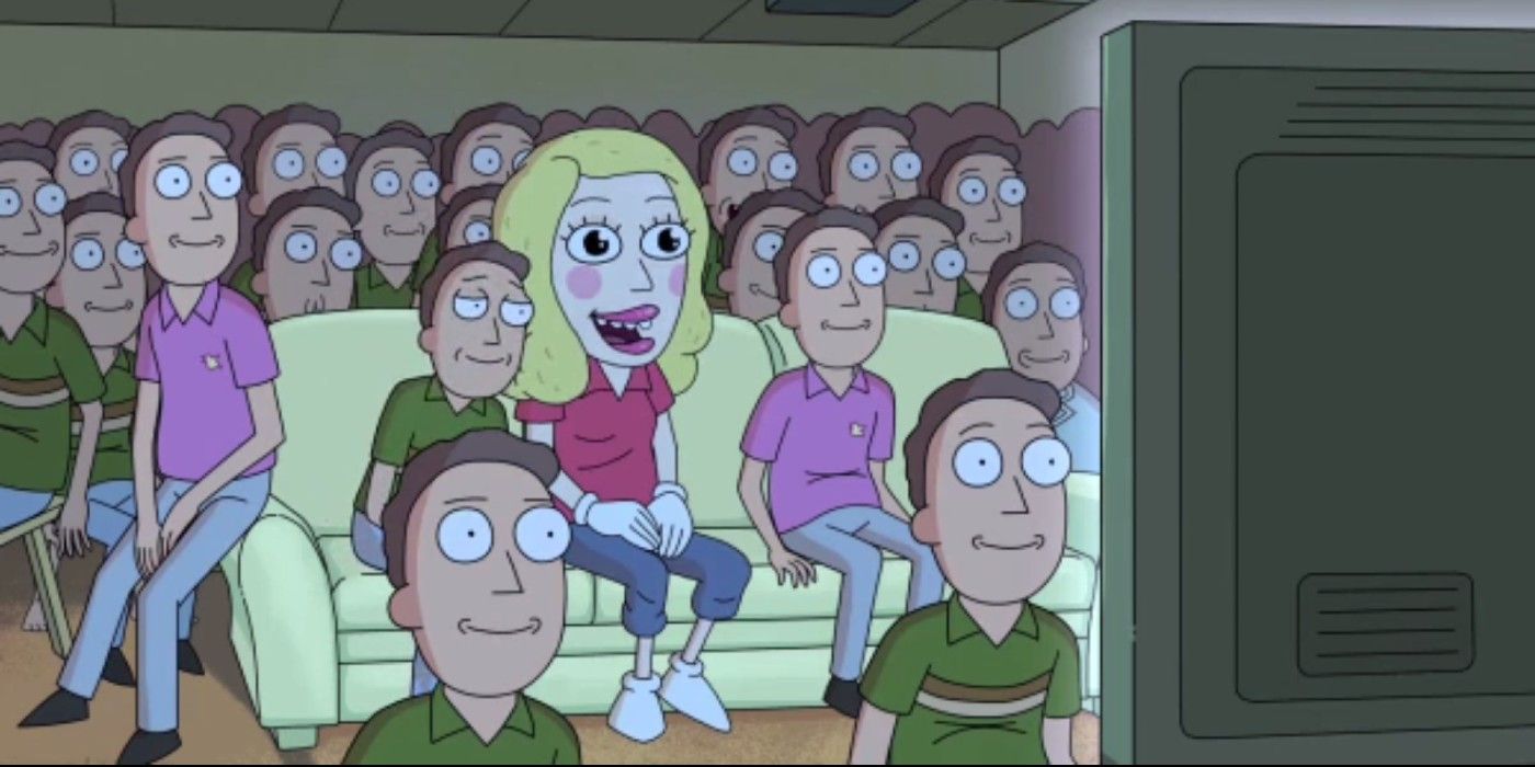 The various Jerrys sitting and watching TV with a Beth mascot in the Mortynight Run episode of Rick and Morty