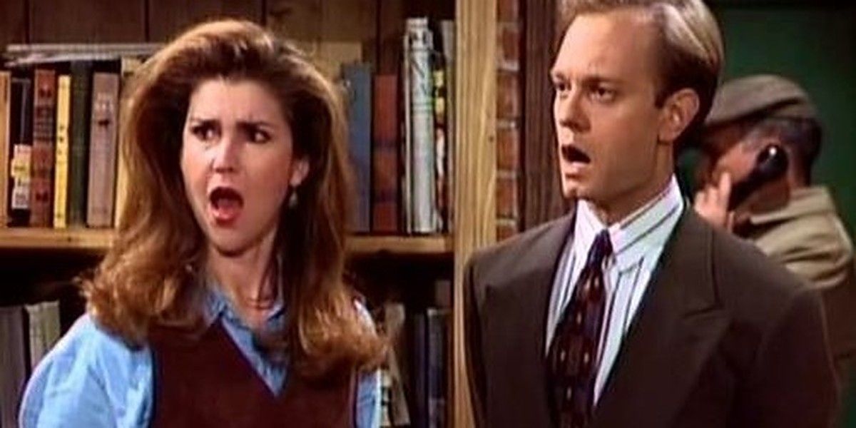 Niles and Roz looking shocked on Frasier