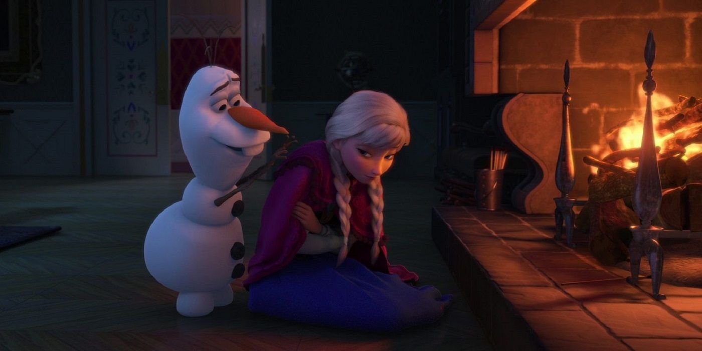 Olaf by a fireplace with Anna in Frozen