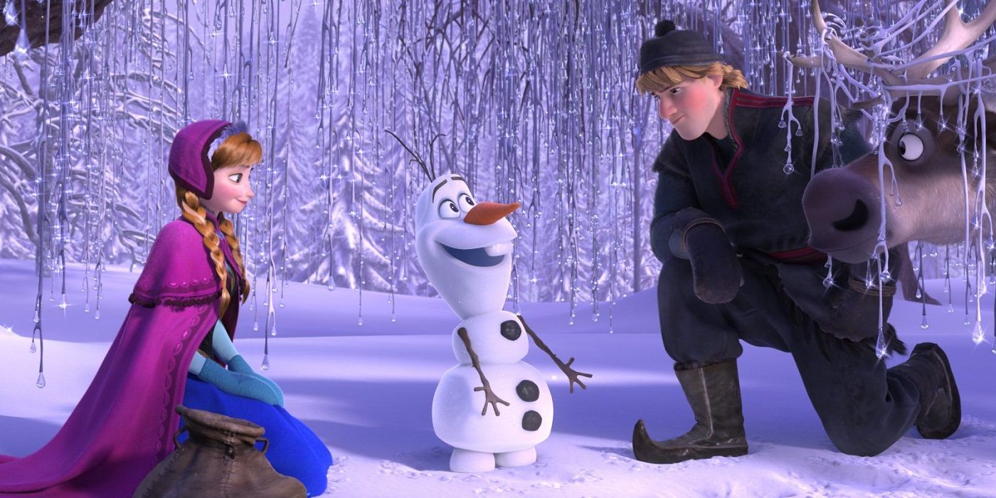 Anna and Kristoff talking to Olaf in Frozen